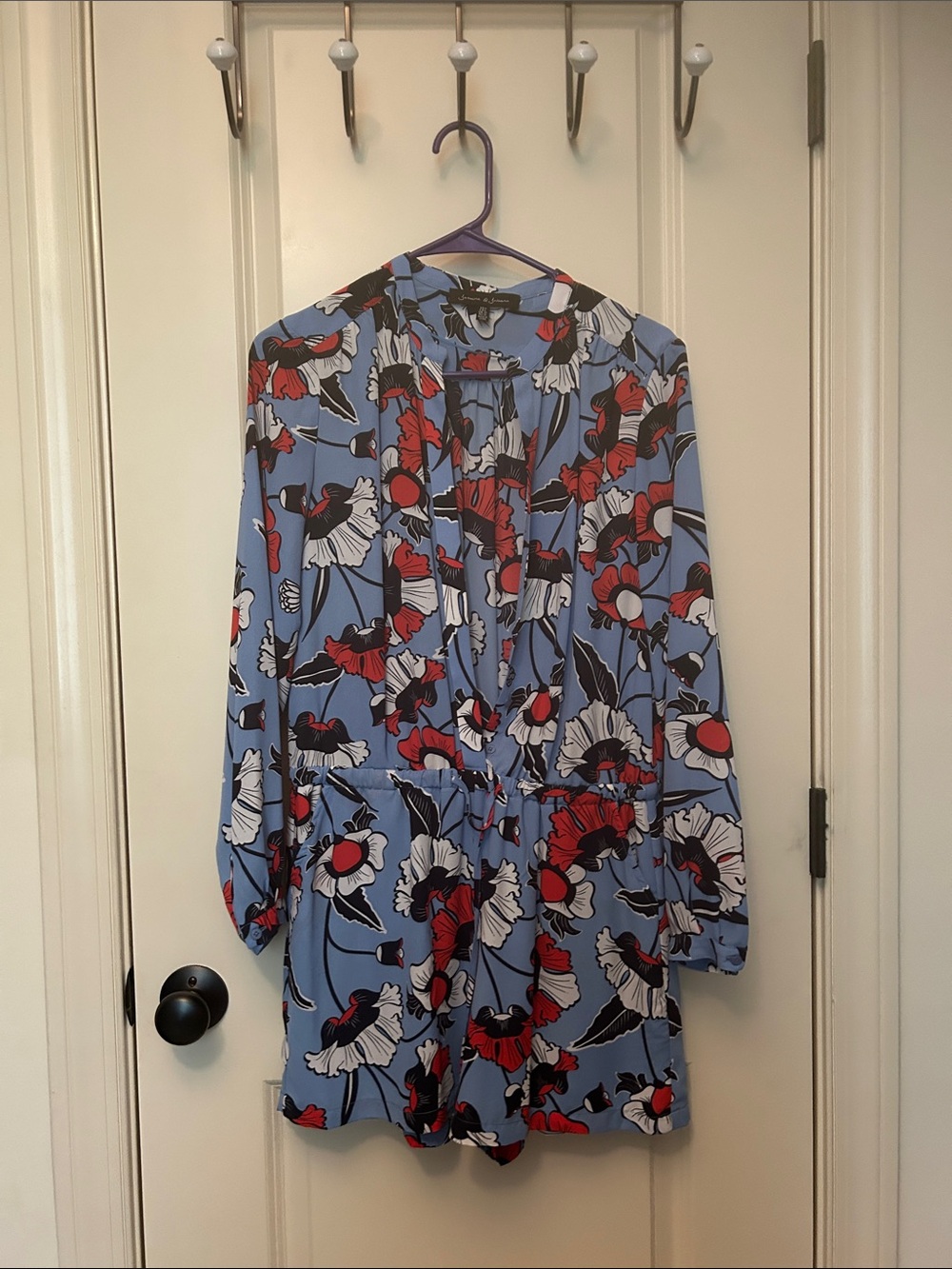 Blue Floral V-Neck Long Sleeve Women's Top